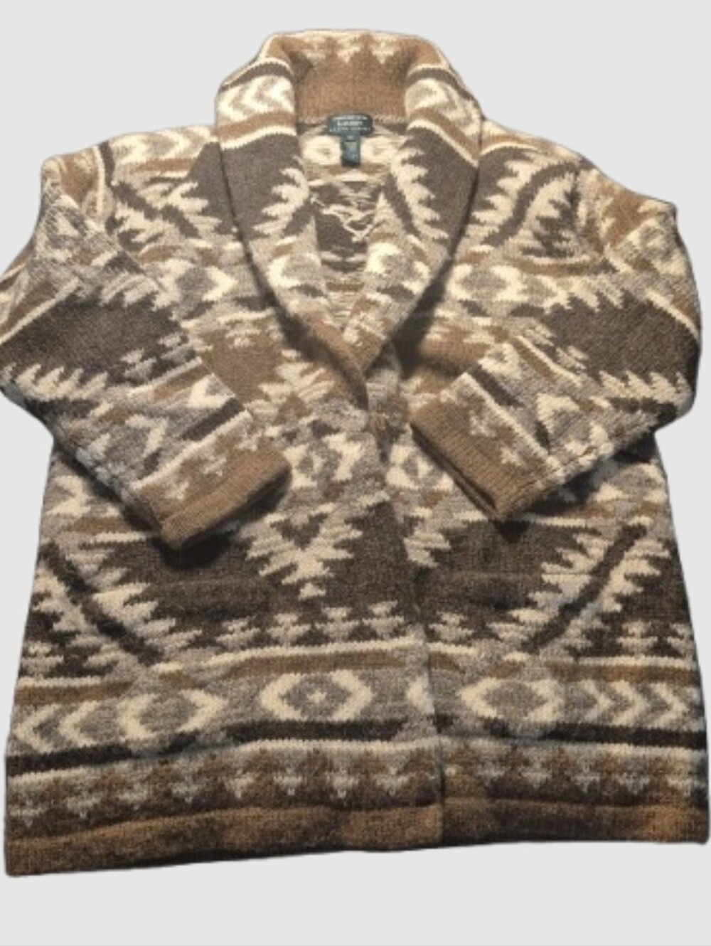 Vintage Ralph Lauren Button Hand-Knit 100% Wool Aztec Southwestern Shawl Collar